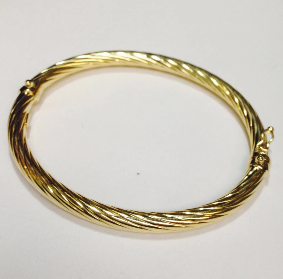 14kt Yellow Gold 5MM Shiny Twisted Fluted Hinged Bangle/Bracelet 7 inch 8grams