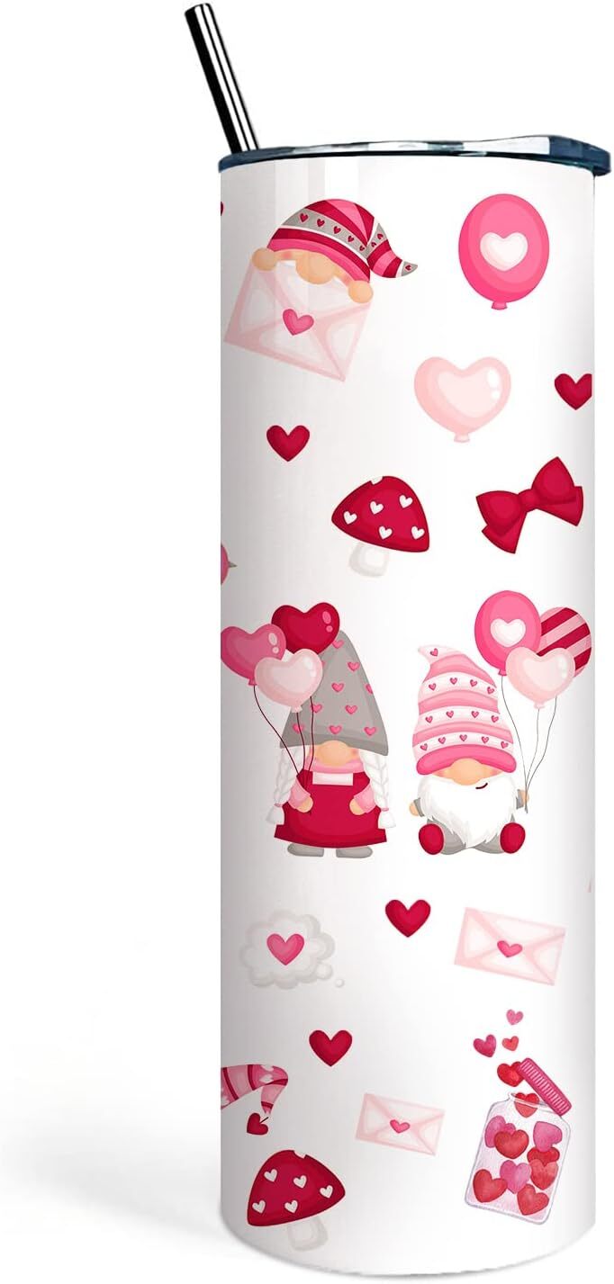 valentine Gnomes heart tumbler with Lid and Straw,Valentine''s Day Gifts for Wif
