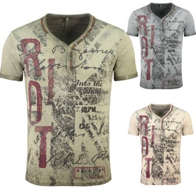 Key Largo Herren T-Shirt Riot Slim Fit V-Ausschnitt mit dekorativer Knopfleiste 