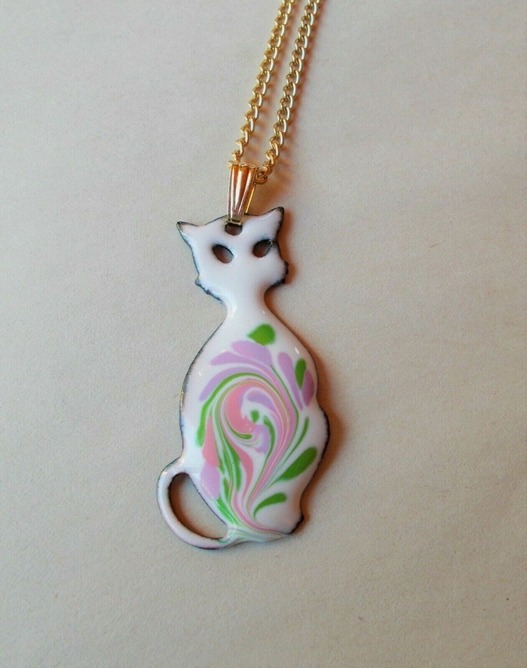 Enamel on Copper NECKLACE PENDANT Signed INGACAT SHAPE PINK/GREEN