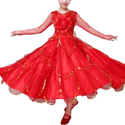 Kids Girls Long Sleeve Tulle Dance Dress Flamenco Folklorico