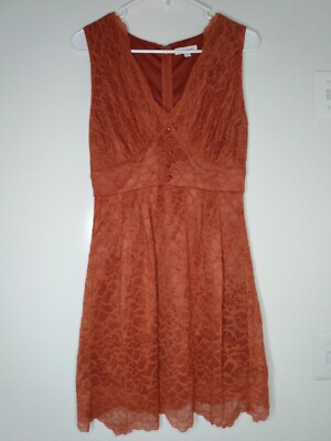 BLU PEPPER Women's S Orange Lace Mini Dress Anthropologie V Neck Sleevless Boho