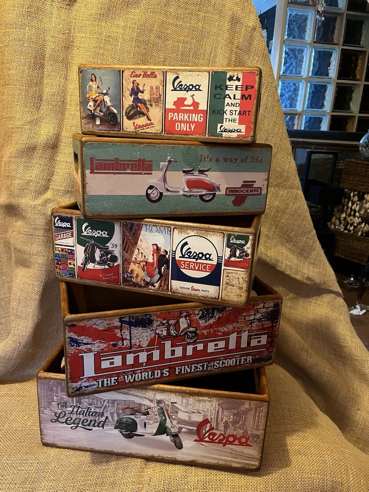 SET OF FIVE LAMBRETTA & VESPA STORAGE BOX CRATES MADE FROM RECLAIMED TIMBER