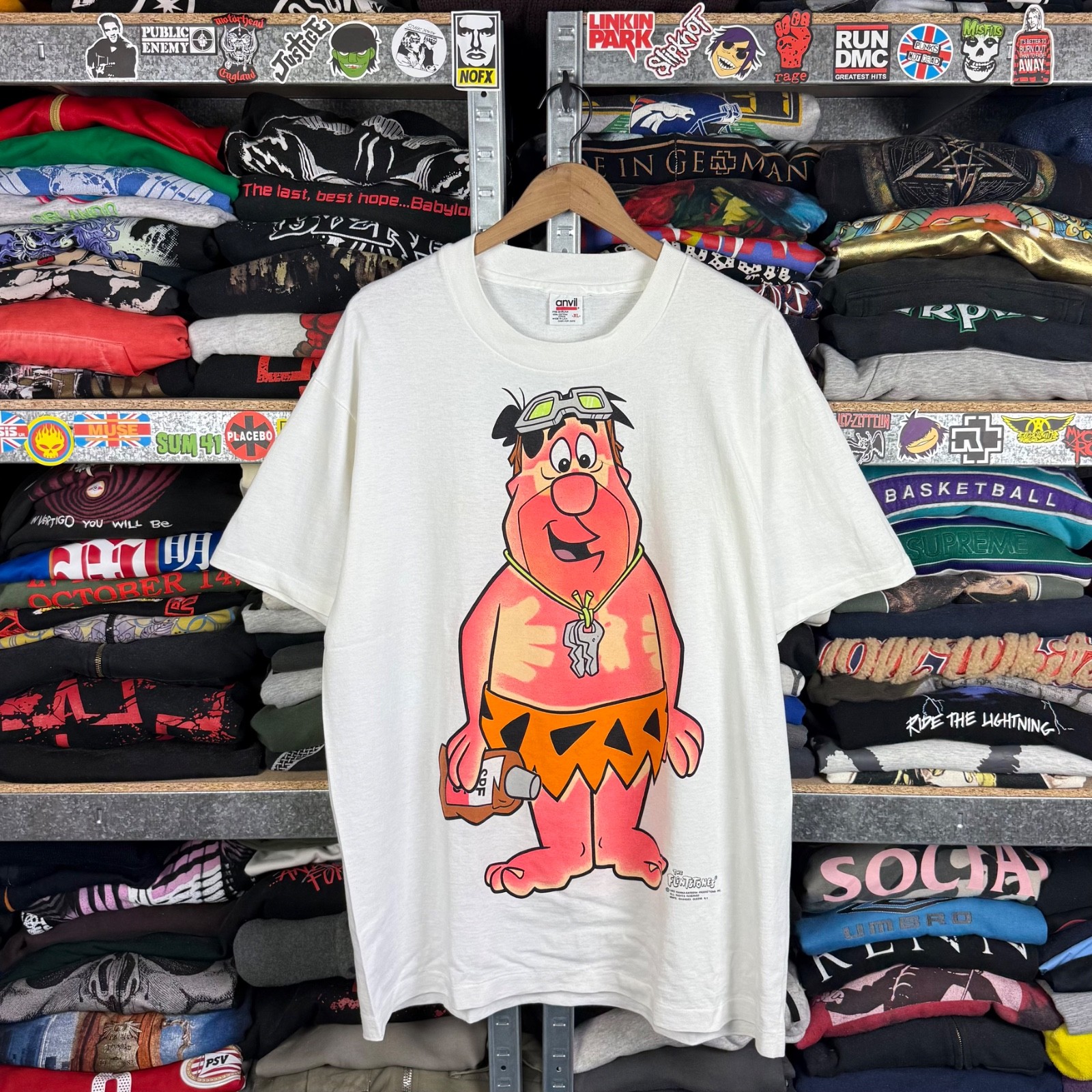 VINTAGE 1993 THE FLINTSTONES FRED SUNBATHING T-SHIRT ANVIL MADE IN USA 90S Sz XL