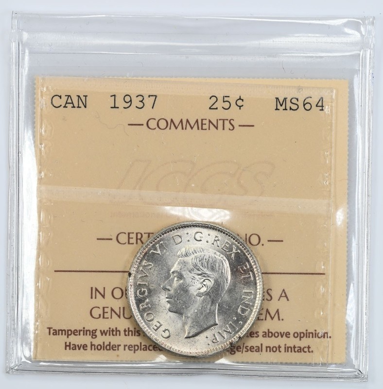 Certified 1937 Canada Silver Quarter ICCS MS64 25c 