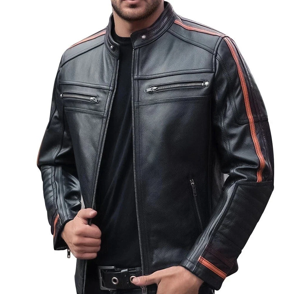 Men’s Black Leather Biker Jacket Café Racer Motorcycle Genuine Leather Jacket