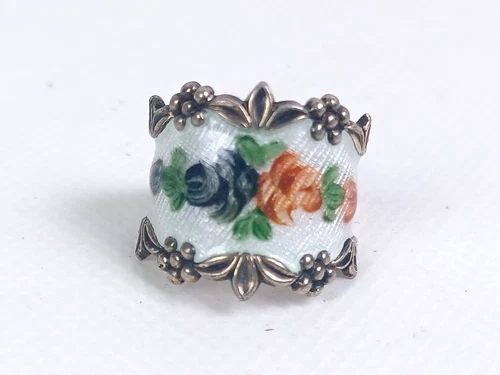 Vintage Vargas Sterling Vermeil Guilloché Enamel Floral Cigar Band Ring - SZ 5