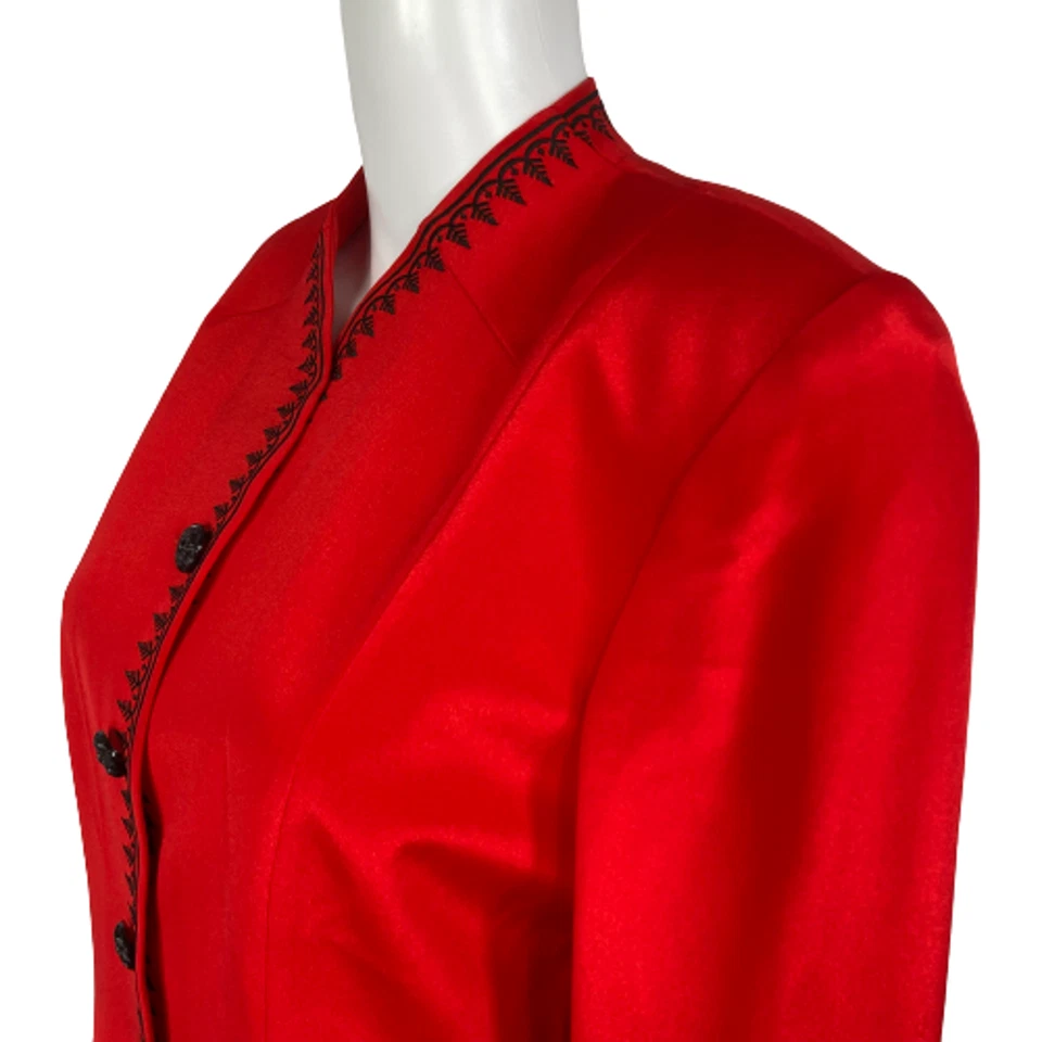 Chaqueta Blazer Shomi By Miller Shor Mujer Talla 6 Roja 100% Seda Negra Bordada Foto 2 de 4