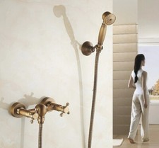 Antique Brass Bathroom Faucet Set Dual Handle Shower Cold Hot Taps Kit 2tf301