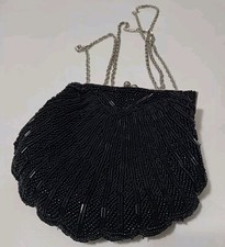 EVENING BAG HANDBAG BLACK BEADED PURSE CLUTCH OR SHOULDER CHAIN LINED KISS CLOSE