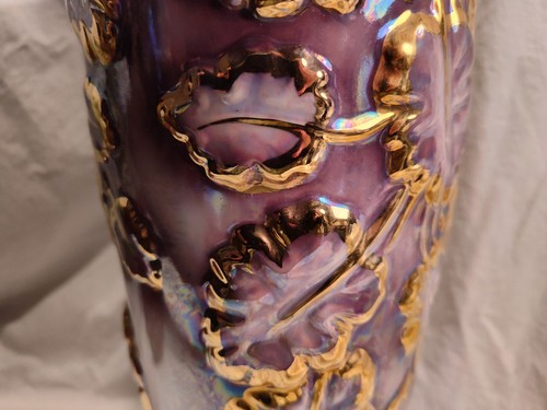 Antique Art Nouveau Vase 12" Hand Painted Embossed Leaves Purple 22k Gold - Picture 13 of 18