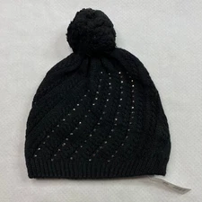 2 Chic Womens Bobble Hat One Size Black Lightweight Knit Rhinestone Stretch New