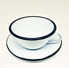 Enamelware Cup Vintage White Mug Camping Enamel Coffee Tea Drinking Blue Trim