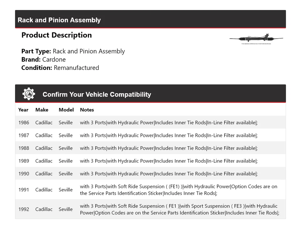 For 1986-1992 Cadillac Seville Rack and Pinion Assembly Cardone 1987 1988 1989 - Image 2 of 4