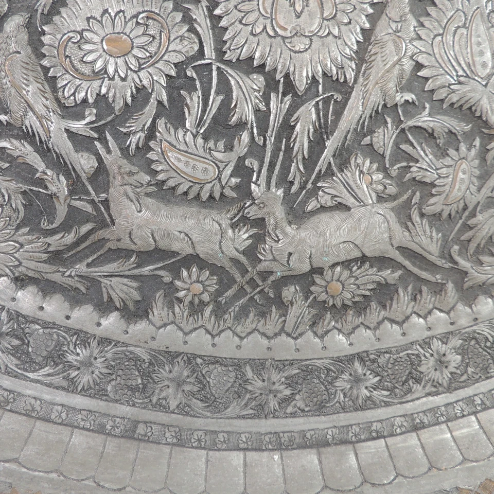 Antique Hand Carved Persian Oval Tinned Copper Wall Hanging Birds Antelopes 25" - Image 3 of 4