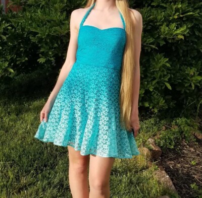 BETSEY JOHNSON Teal Ombre Lace Fit Flare High Low Halter Dress 10 | eBay