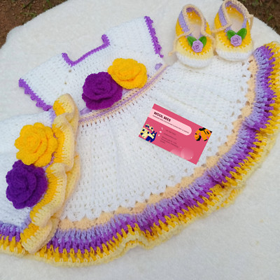 1 - 12 Months- Handmade Crochet Baby Dress Set for Girls, Headband & Booties