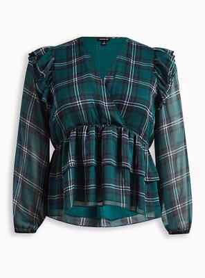 Torrid Chiffon Ruffled Surplice Hi Lo Plaid Crop Top Green 0 L 12 #A99789