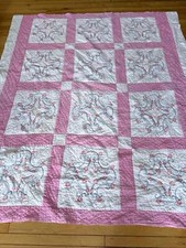 VTG Quilt Hand Quilted  Embroidered Flowers Pink Cottagecore Country 78x66  
