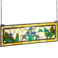 Stained Glass Window Panel 35.2 x 13.1 Inch Hanging Transom Rectangle