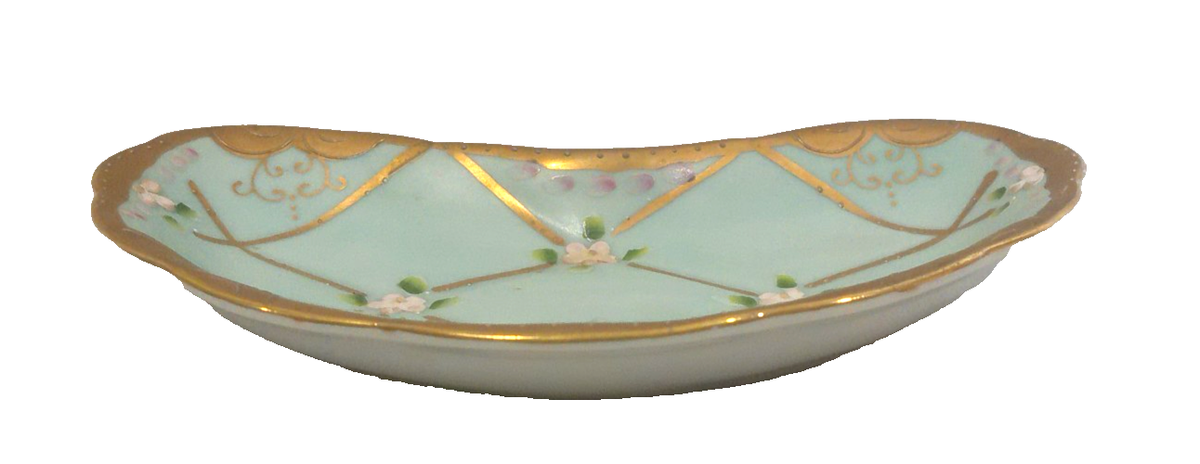 食器 sold Vintage Ardalt Japan Kidney Shaped Dish Teal & Gold Gilt 6824A