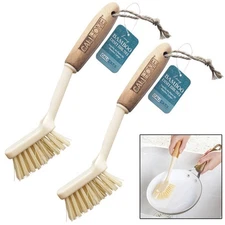 2 Pc Bamboo Dish Brush Natural Wood Handle Kitchen Scrub Sink Wash Scrubber 9.5"