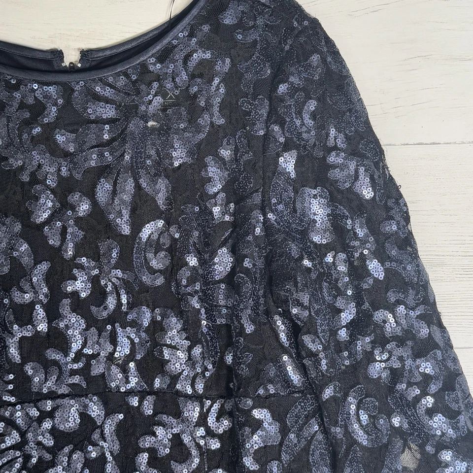 NEW Alex Evenings Blue Black Sequin Mesh Long Gown 3/4 Sleeves Women Sz 18 Lined - Image 3 of 4