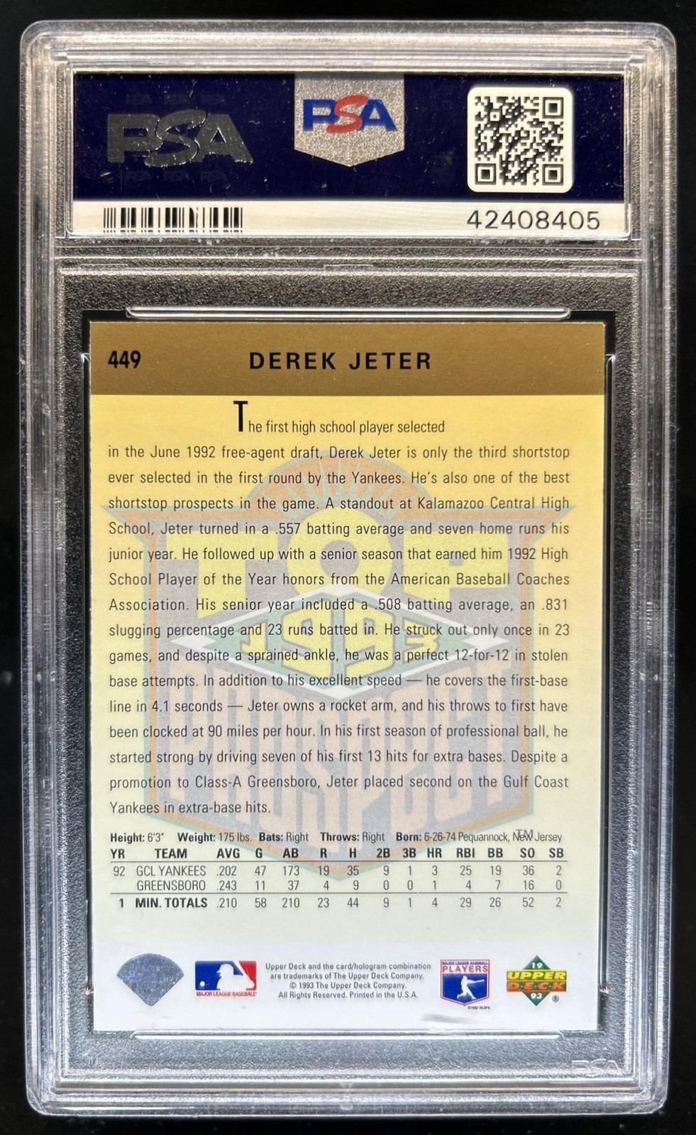 1993 Upper Deck Derek Jeter RC #449 New York Yankees PSA 9 Rookie view 2