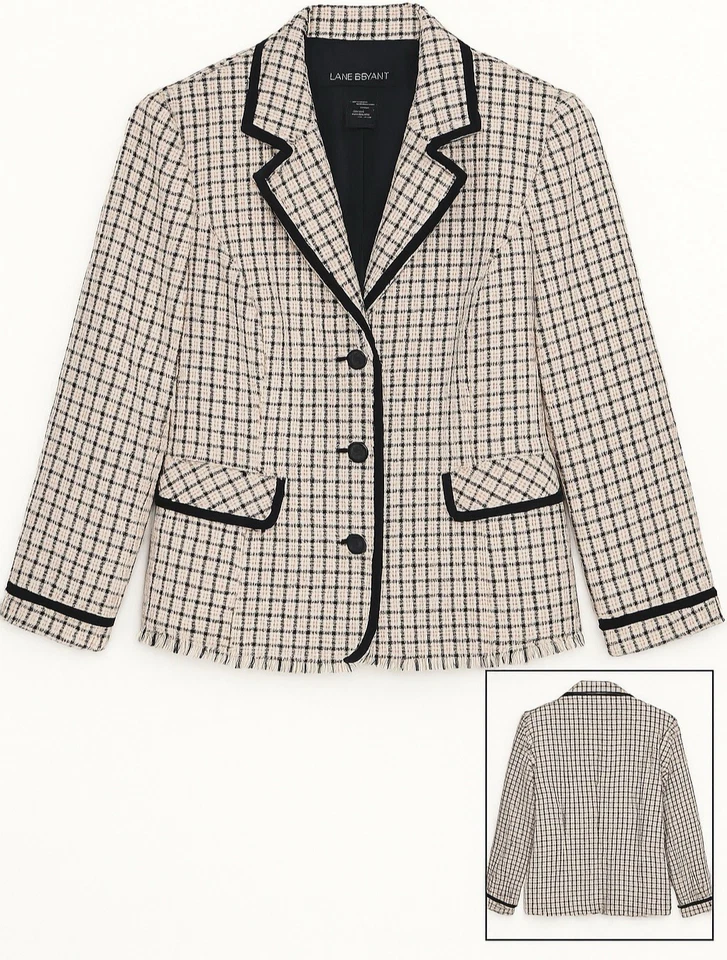 Chaqueta Blazer Vintage Lane Bryant Talla 14 Tweed Negro Blanco Rosa Borde de Flecos Foto 2 de 3