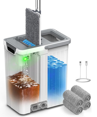 Set Mopa Cubo Bomba Auto Agua Limpia/Sucia 4 Paños Microfibra Ruedas, Nuevo