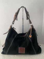 Dooney Bourke Suede Leather Shoulder Hobo Bag Tote Black Tan