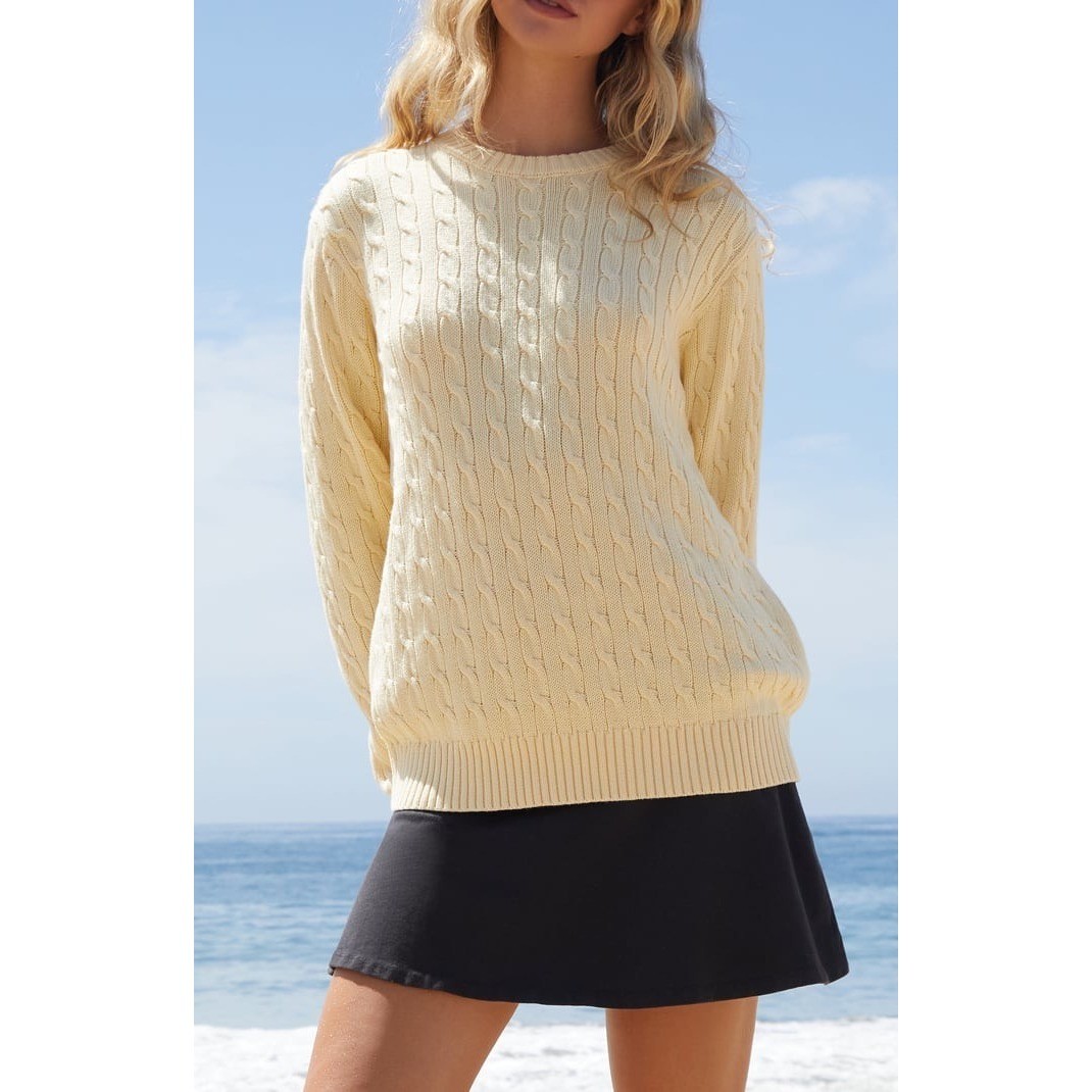 John Galt California Cable Knit Sweater Pale Lemon Yellow Crew Neck / One Size