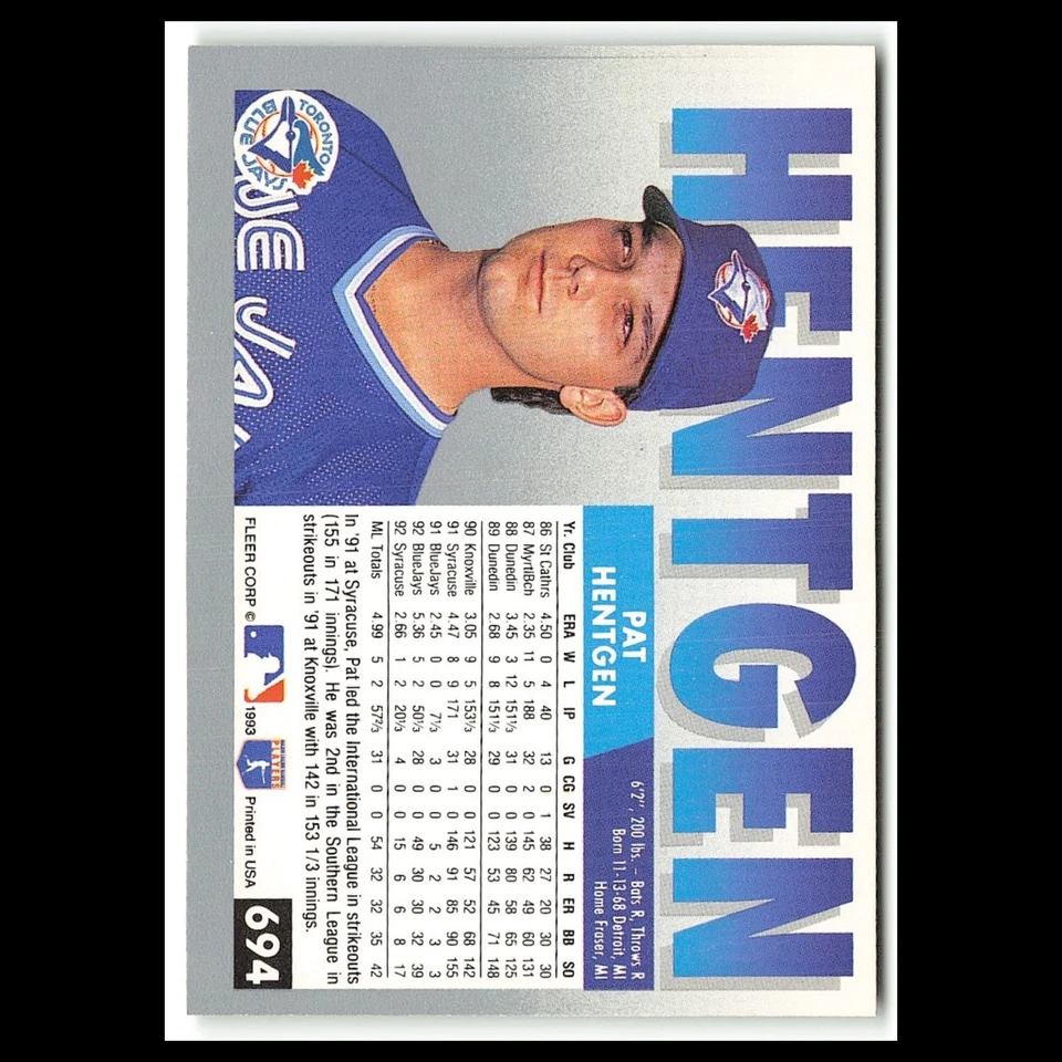 Pat Hentgen #694 1993 Fleer Toronto Blue Jays Baseball Card MLB NM - Image 2 of 3