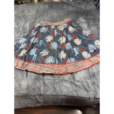 Anokhi Womens XL Blue Red Floral Hand Block Print Cotton Boho Midi A-Line Skirt