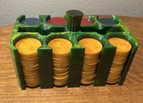 Fantastic Green & Yellow Swirl Catalin Bakelite Poker Chip Caddy/Chips 1167g