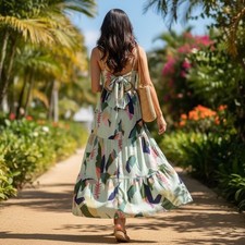Farm Rio Boho Tropical Maxi Dress Tiered Ruffle Bow Back Spaghetti Strap Sz XS