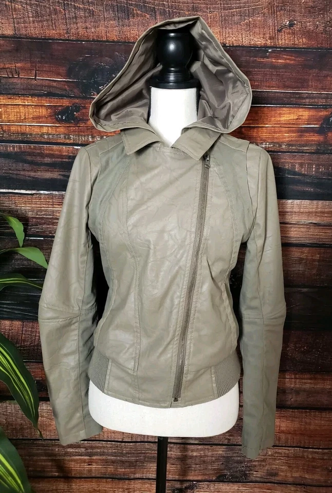 Jack Jacket Size Medium Bomber Faux Leather Hooded Asymmetrical Zip - Image 2 of 4