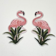 2 Parches de Flamenco Simétricos Pájaro Tropical Bordado Hierro Sobre Apliques Parche