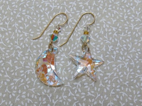 Swarovski Crystal Moon and Star Earrings, Aurora Borealis, 14K/20 Gold Filled - Picture 4 of 5