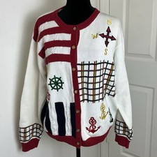 Vtg 90 s Charter Club Nautical Design Button Cardigan Women s Sweater Sz Large