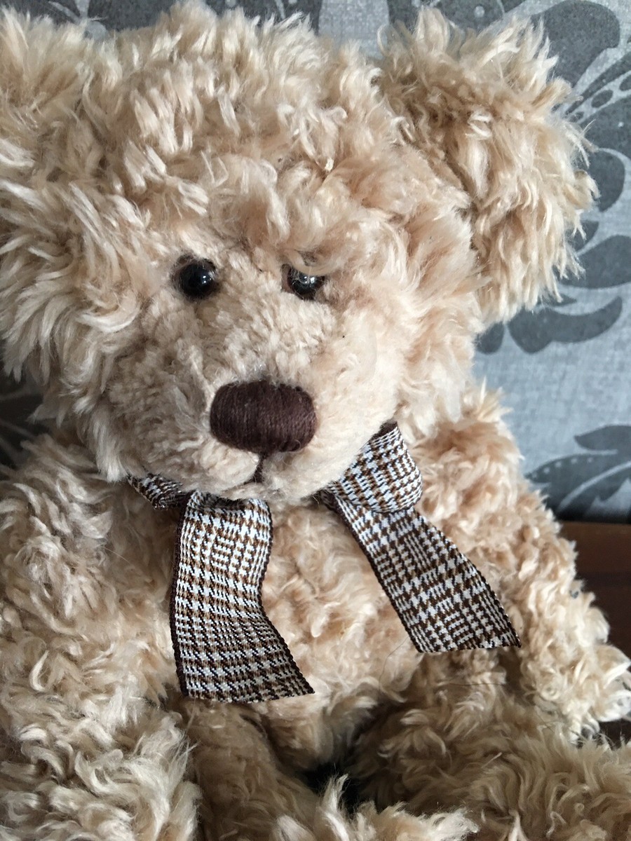 Russ Berrie Thornbury Teddy Bear Plush Beanie Plaid Bow Curly Fur