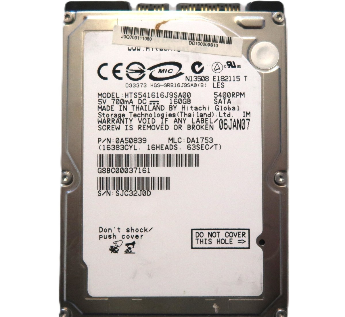 Hitachi HTS541616J9SA00 0A50839 DA1753 (SJC3) Thailand 160gb 2.5