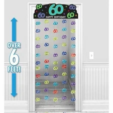 60TH BIRTHDAY PARTY CONTINUES MILESTONE HANGING DOORWAY CURTAIN DECORATION 6FT  
