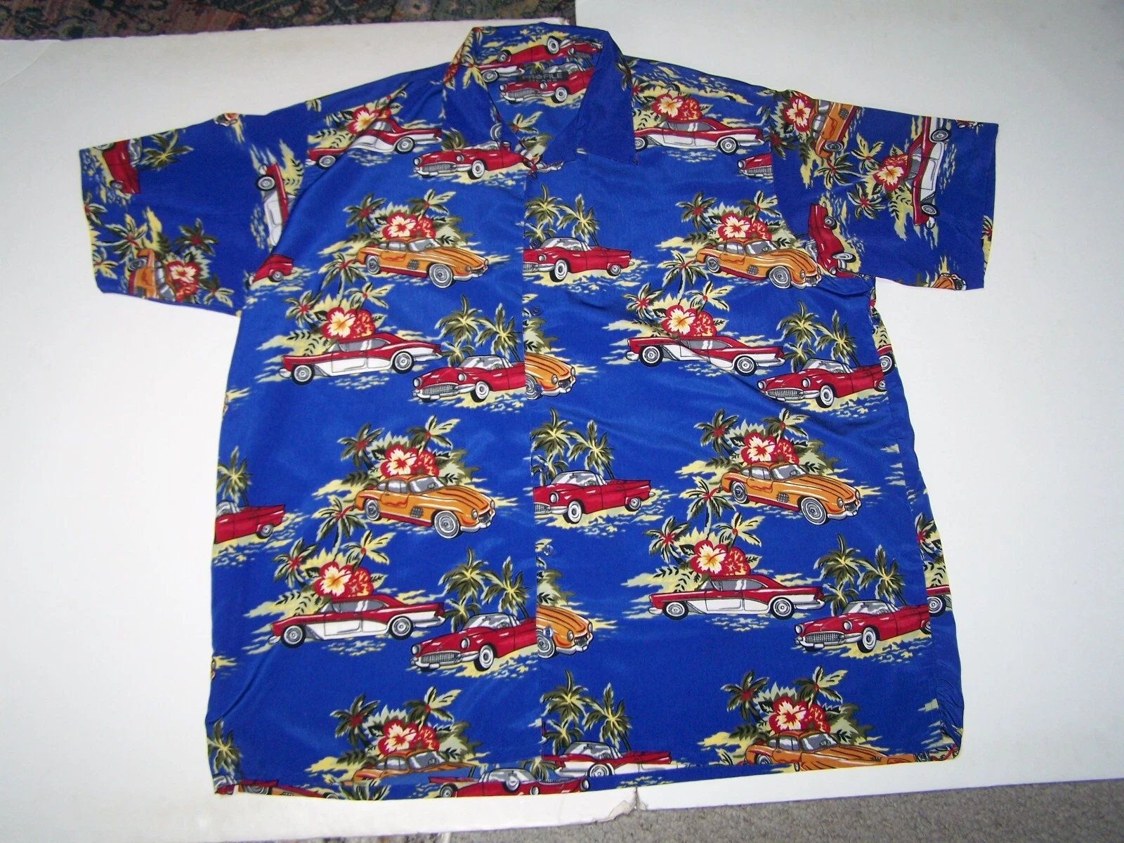 Profile Island Mens Hawaiian Shirt Cars and Palm Tree Design Blue Size 3XT EUC