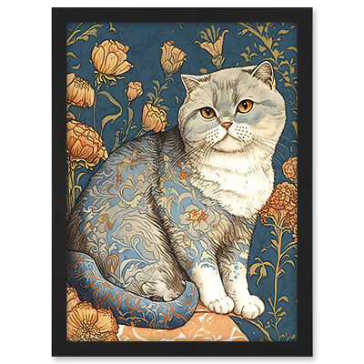 Süße Katze Blumenmuster Fell Blume Blüten gerahmt Wandbild Bild Druck A3