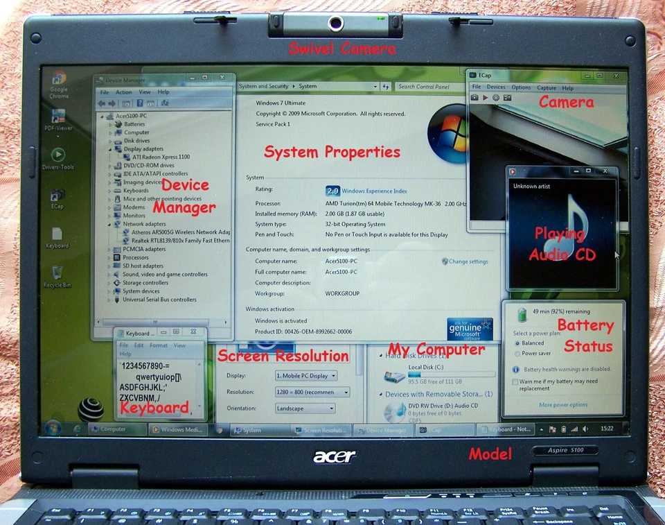 Acer Aspire 5100, 15” AMD MK-36, 2.0GHz, 2GB Ram 120GB HD WiFi Win 7-ΝΟ 5600- - Image 4 of 4