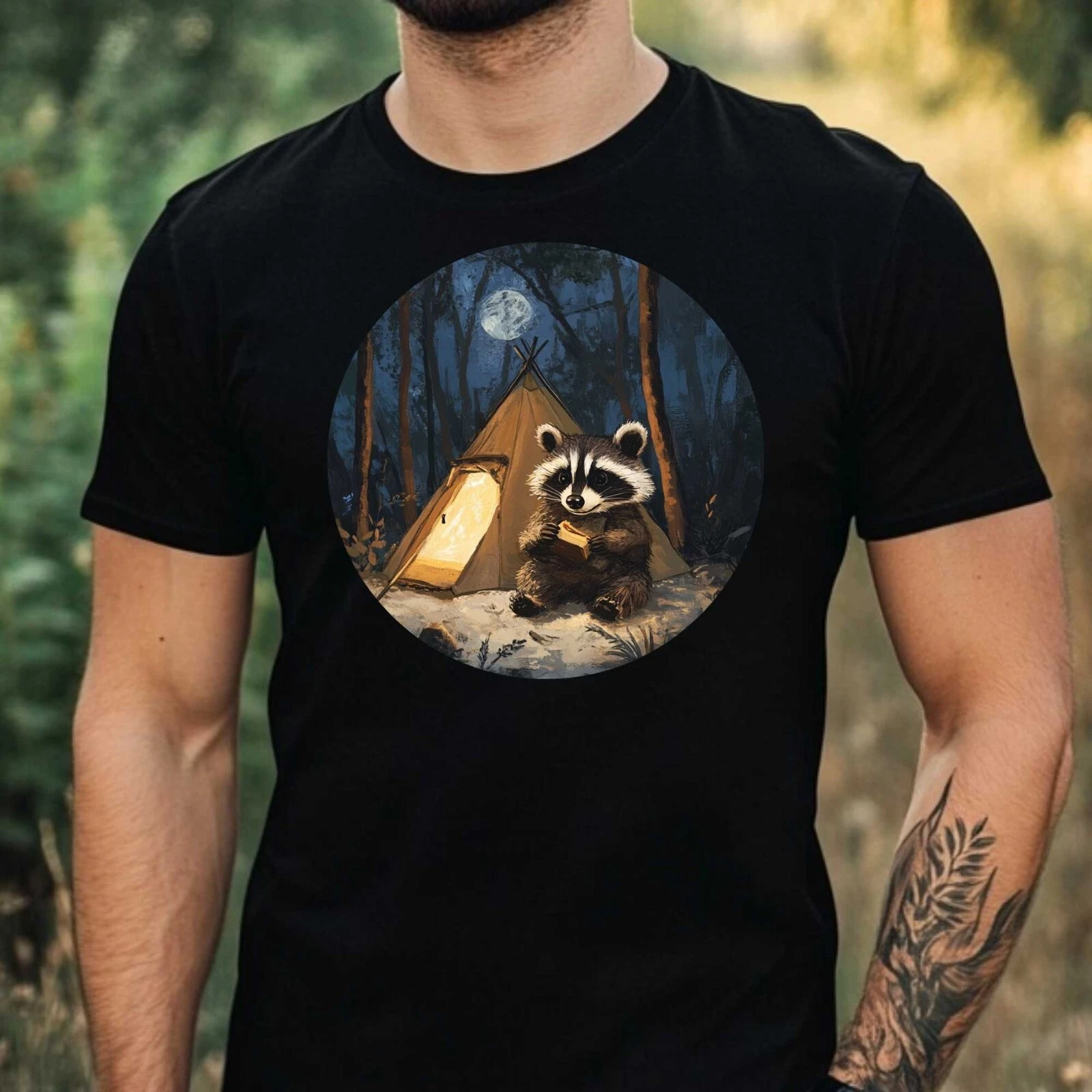 Mens Camping Raccoon Print Cotton T-Shirt Size XS to 5XL