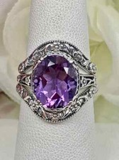 Oval Cut Natural Amethyst 925 Sterling Silver Engraved Wedding Women Ring Set