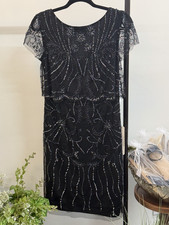 Adrianna Papell Black Lace Beaded Sequin Cap Sleeve Cocktail Dress Size 4