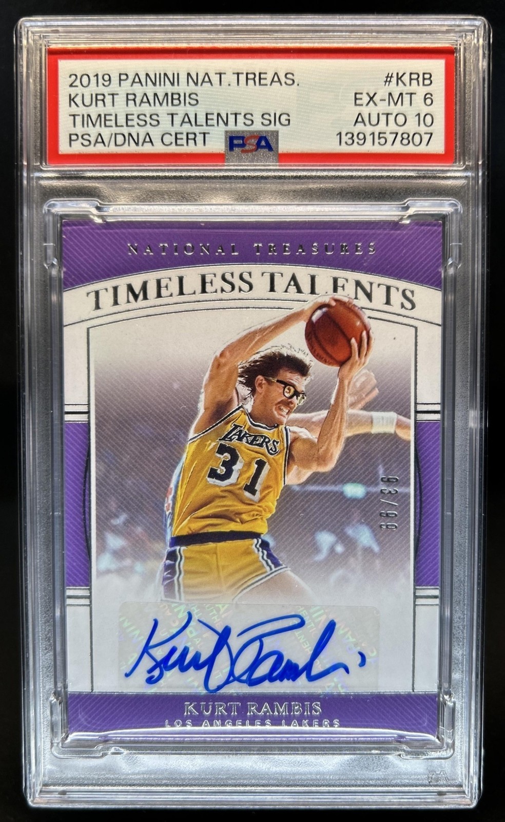 2019-20 National Treasures Kurt Rambis Timeless Talents Auto #/99 PSA 6 10